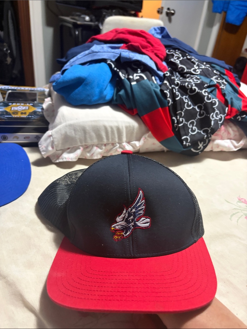 Pacific Headwear 104C Eagle Logo Trucker Snapback Hat – Black/Red